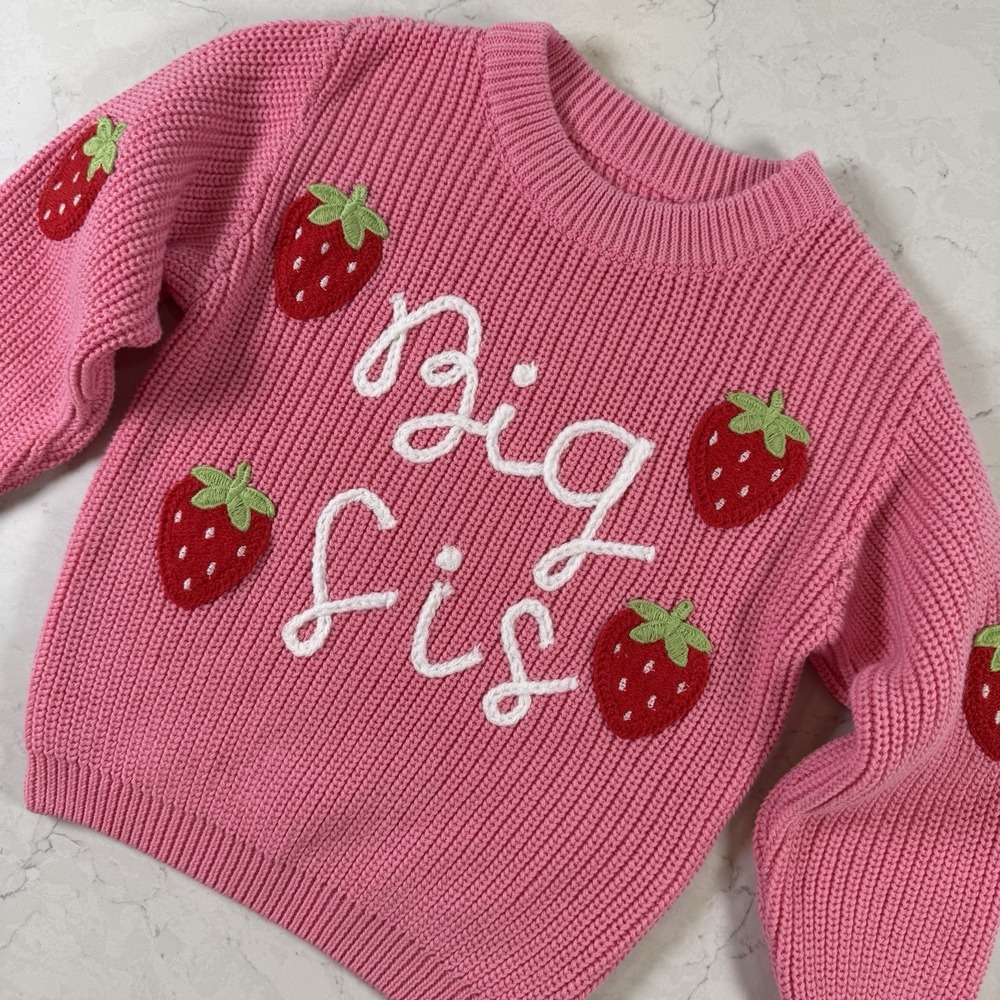 Pink Toddler Girl Sibling "Big Sis" Knit Sweater Strawberry Appliqué 2 - 3 Years